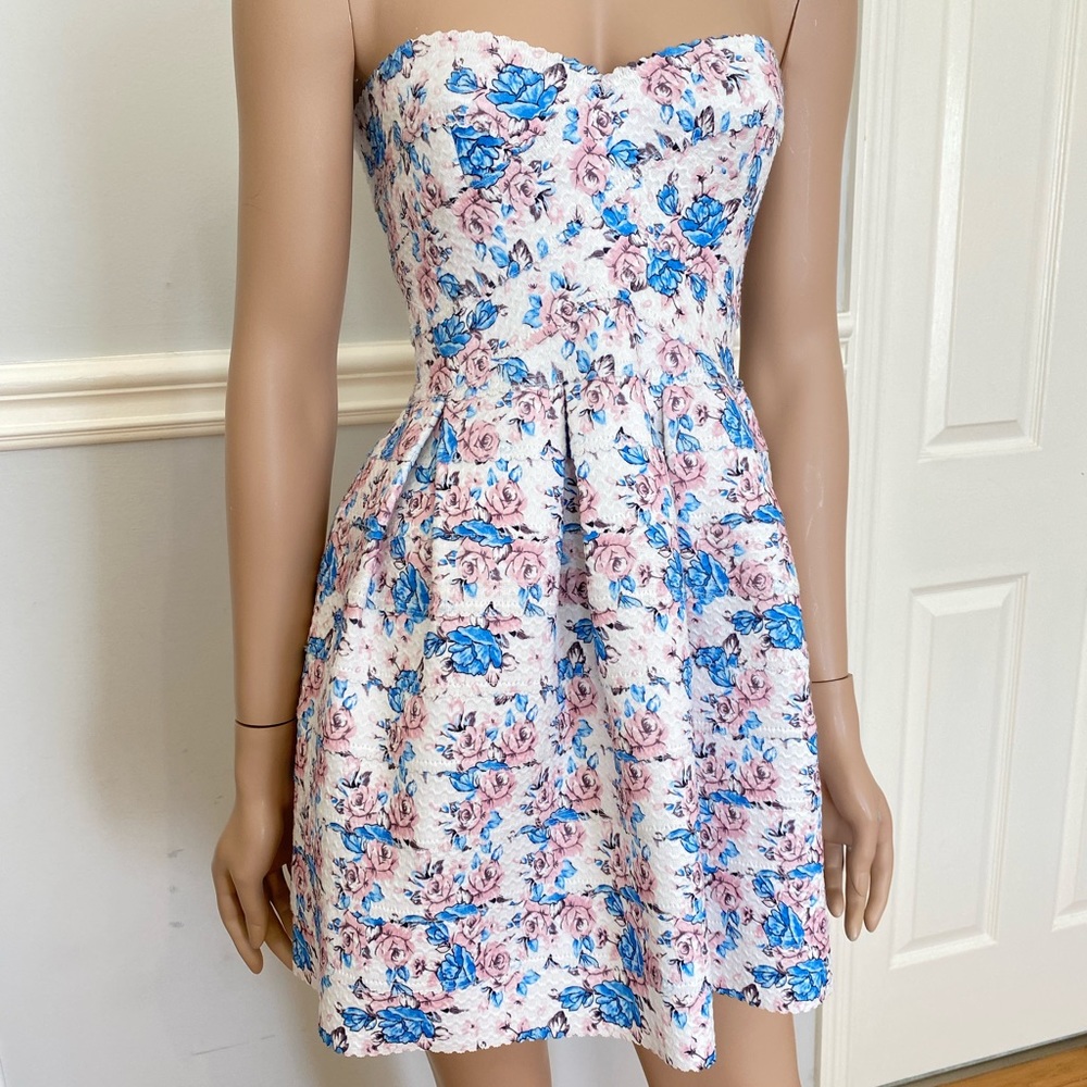 Floral blue pink strapless mini dress